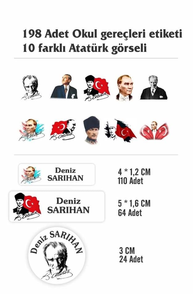 İsim Baskılı Defter Kalem Okul Etiketi ( 198 Adet Atatürk Temalı )