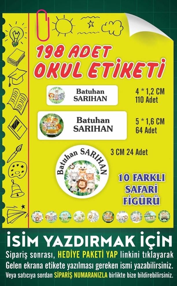 İsim Baskılı Defter Kalem Okul Etiketi ( 198 Adet Safari Temalı )