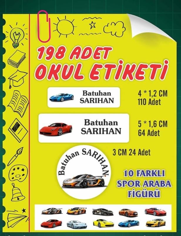 İsim Baskılı Defter Kalem Okul Etiketi ( 198 Adet Spor araba Temalı )