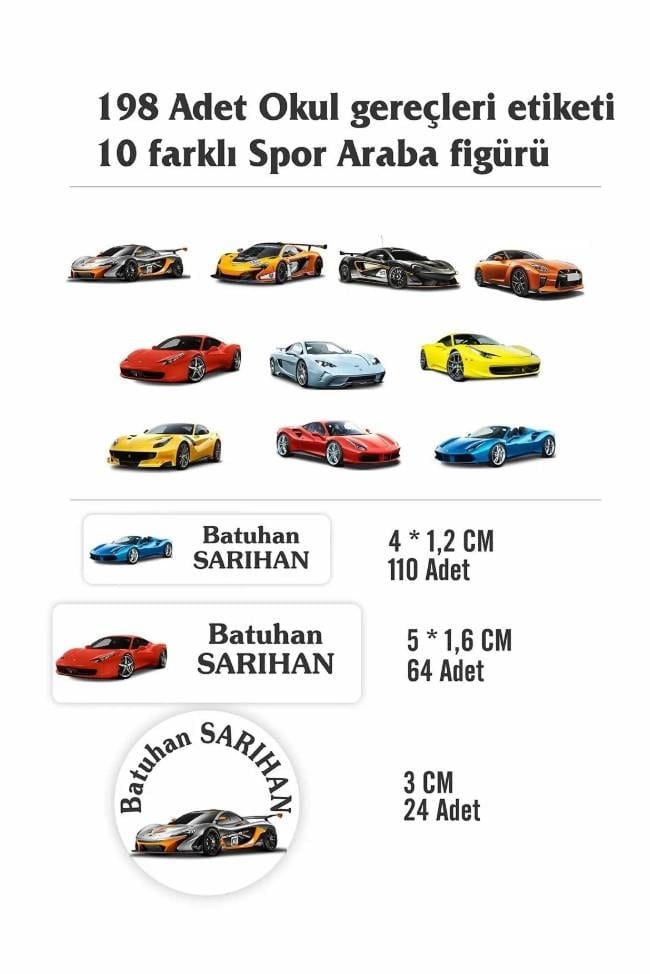 İsim Baskılı Defter Kalem Okul Etiketi ( 198 Adet Spor araba Temalı )