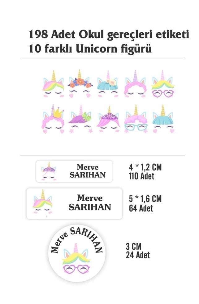İsim Baskılı Defter Kalem Okul Etiketi ( 198 Adet Unicorn Temalı )