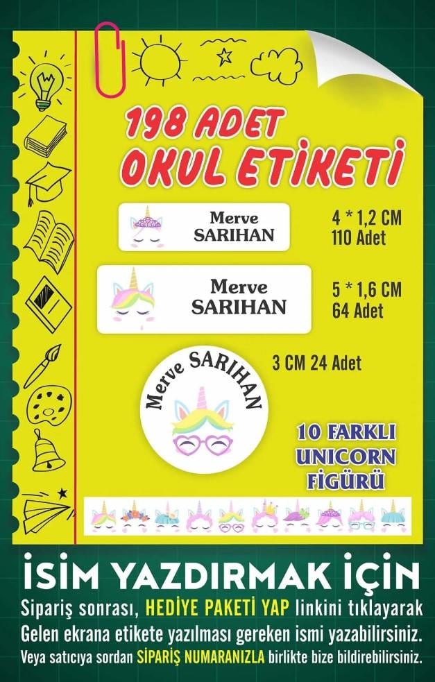 İsim Baskılı Defter Kalem Okul Etiketi ( 198 Adet Unicorn Temalı )