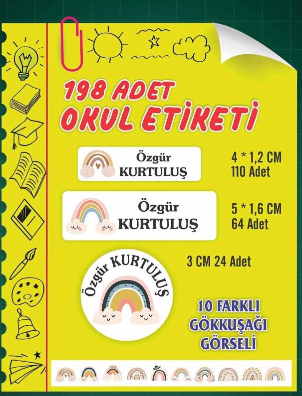 Kişiye Özel Gökkuşağı baskılı Etiket ( 198 Adet Defter Kalem okul etiketi )