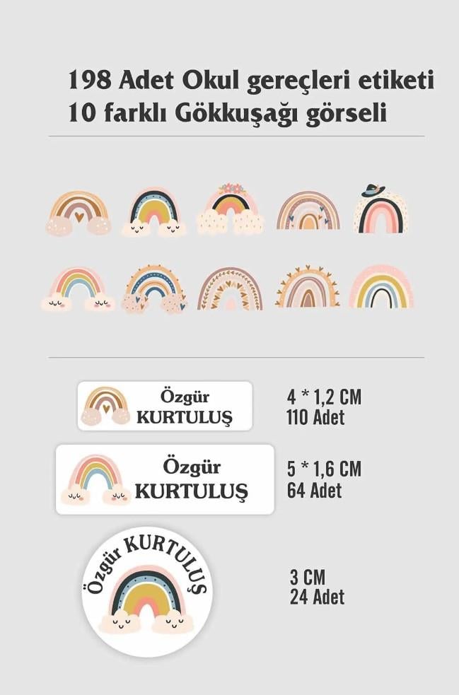 Kişiye Özel Gökkuşağı baskılı Etiket ( 198 Adet Defter Kalem okul etiketi )