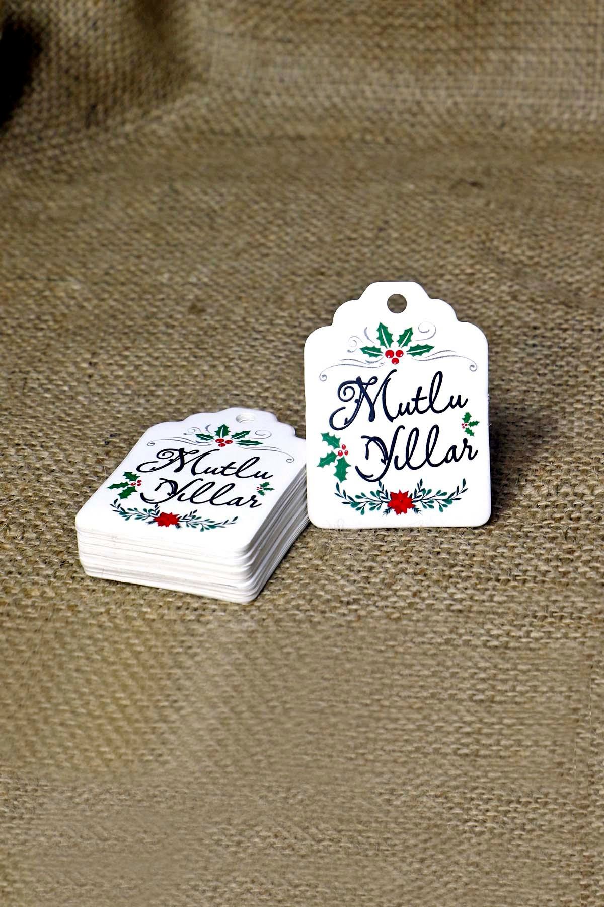 Kokina Temalı Yeni Yıl Etiketi - Mutlu Yıllar - Yılbaşı Hediye Etiketi (4,5 X 6 cm) 50 Adet 