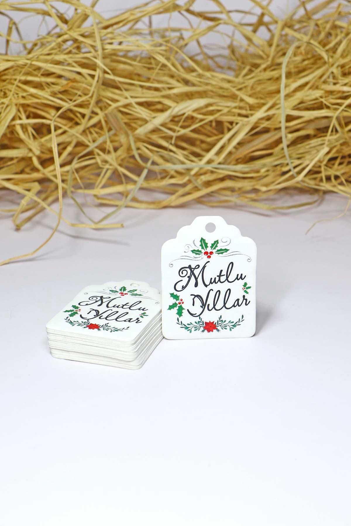 Kokina Temalı Yeni Yıl Etiketi - Mutlu Yıllar - Yılbaşı Hediye Etiketi (4,5 X 6 cm) 50 Adet 