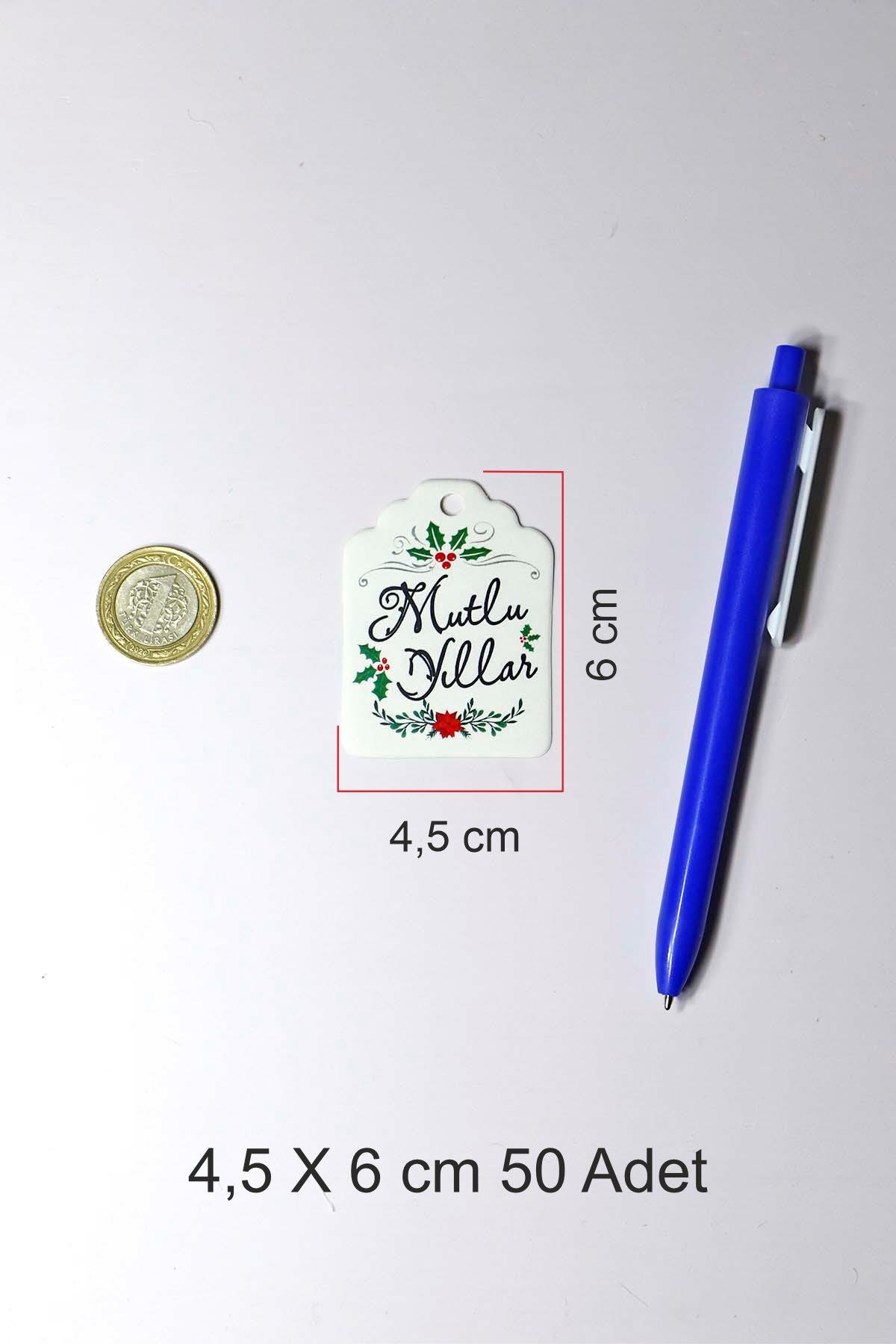 Kokina Temalı Yeni Yıl Etiketi - Mutlu Yıllar - Yılbaşı Hediye Etiketi (4,5 X 6 cm) 50 Adet 