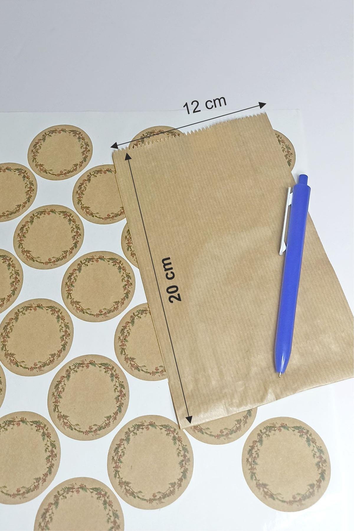 Kraft Etiket Çiçek Baskılı, Kraft Hediye Paketi, Kraft Ambalaj Kese Kağıdı 20 Adet ( 12x20 Cm )