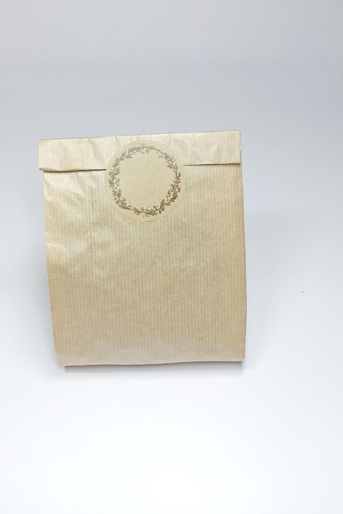 Kraft Etiket Çiçek Baskılı, Kraft Hediye Paketi, Kraft Ambalaj Kese Kağıdı 20 Adet ( 12x20 Cm )