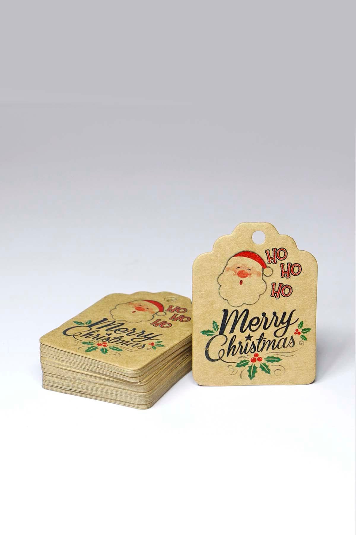 Noel Baba Temalı Yeni Yıl Etiketi -Merry Christmas -Kraft Yılbaşı Hediye Etiketi (4,5X6 cm) 50 Adet