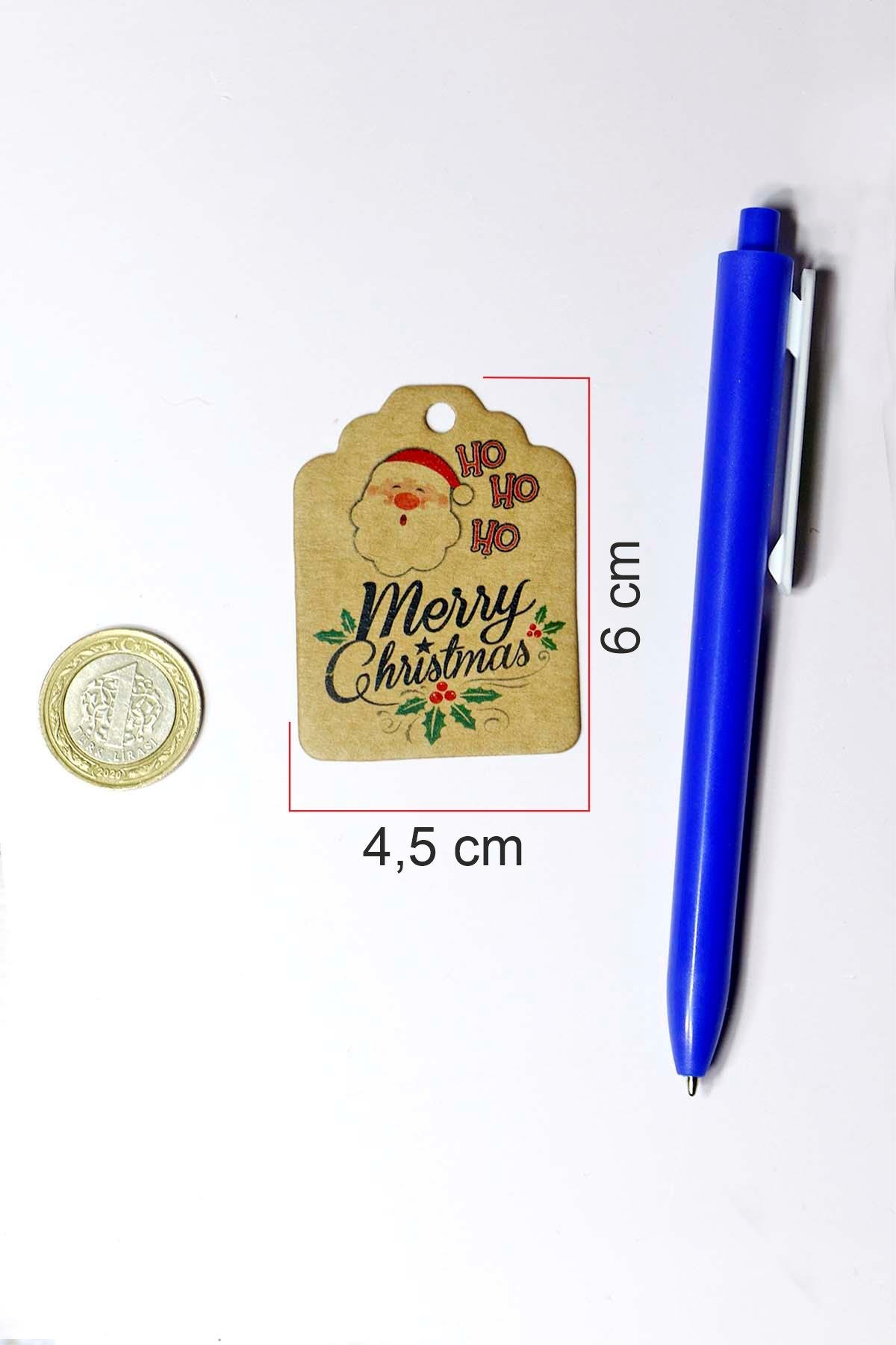 Noel Baba Temalı Yeni Yıl Etiketi -Merry Christmas -Kraft Yılbaşı Hediye Etiketi (4,5X6 cm) 50 Adet