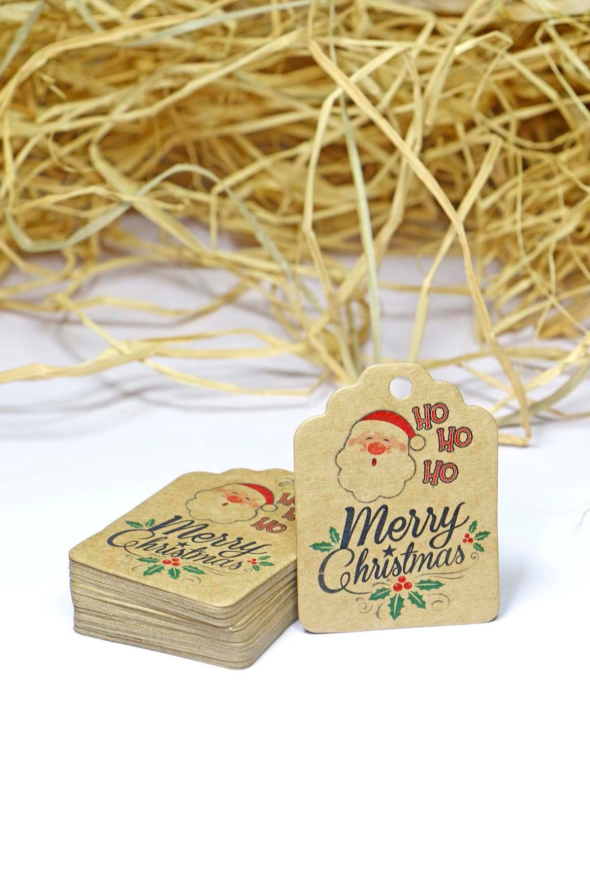 Noel Baba Temalı Yeni Yıl Etiketi -Merry Christmas -Kraft Yılbaşı Hediye Etiketi (4,5X6 cm) 50 Adet
