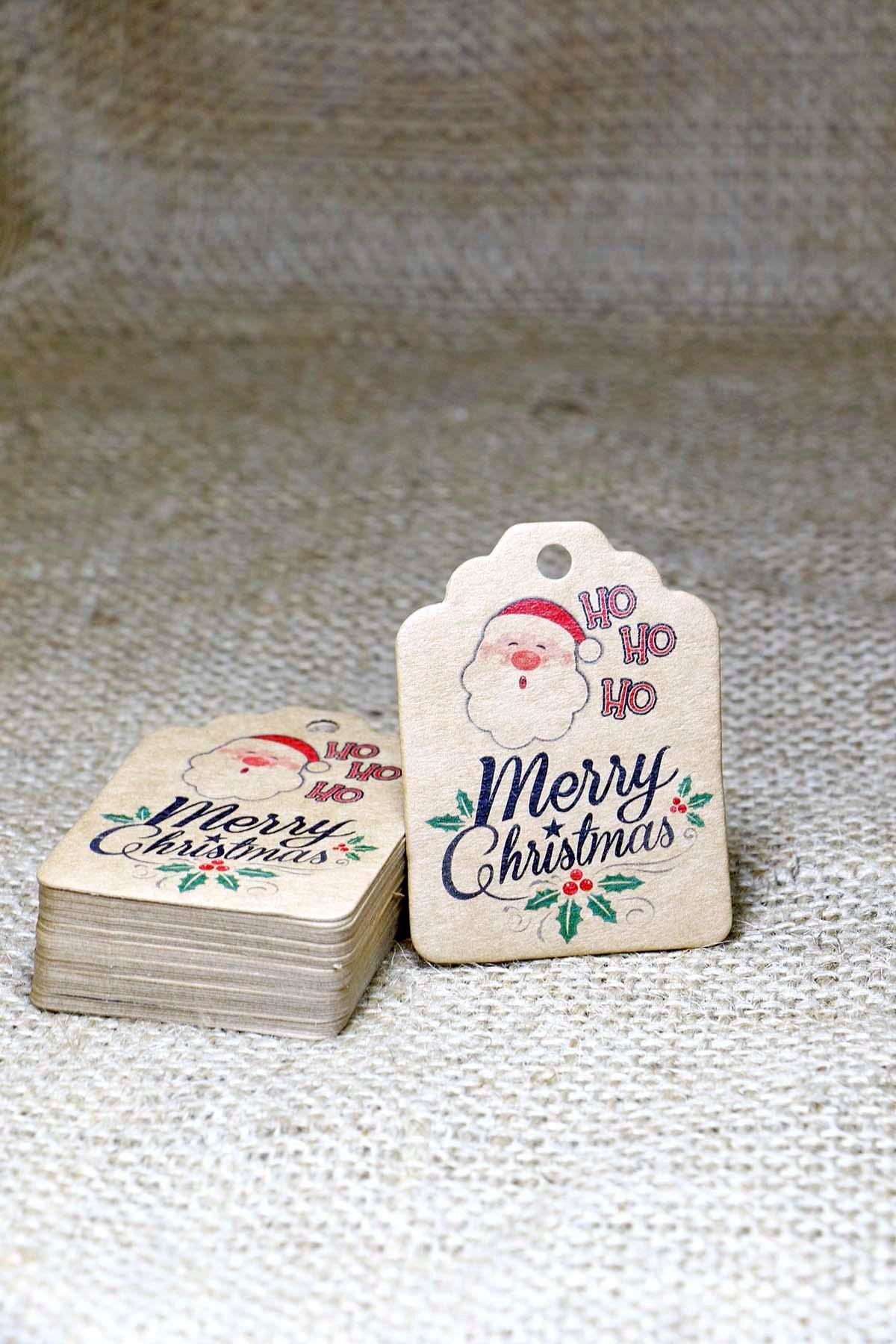 Noel Baba Temalı Yeni Yıl Etiketi -Merry Christmas -Kraft Yılbaşı Hediye Etiketi (4,5X6 cm) 50 Adet