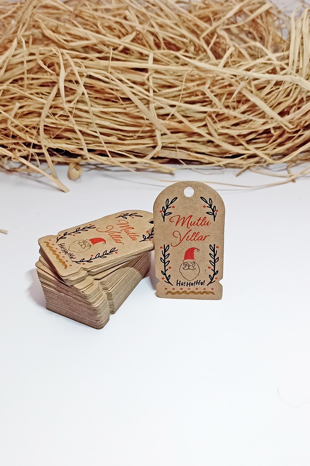 Noel Baba Temalı Yeni Yıl Etiketi - Mutlu Yıllar - Kıraft Yılbaşı Etiketi (3,5 X 6,5 Cm) 72 Adet