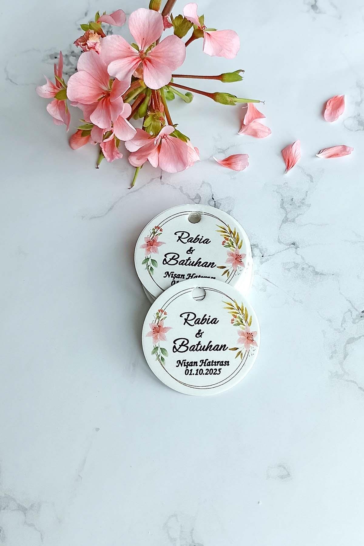 Pembe Çiçek Baskılı  Etiket / Nikah Şekeri Etiketi / Doğum Günü Etiket 100 Adet (3,8 CM)