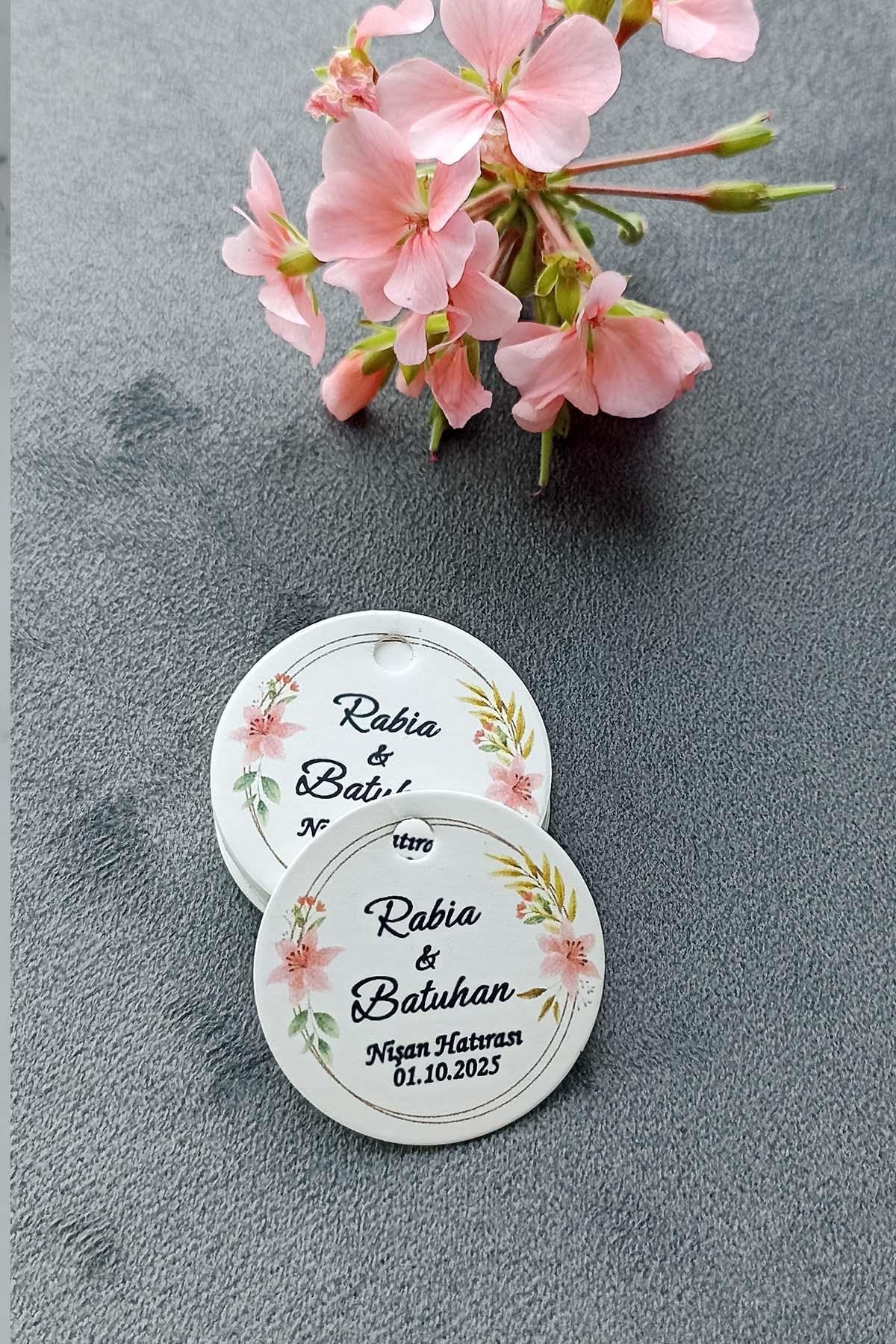 Pembe Çiçek Baskılı  Etiket / Nikah Şekeri Etiketi / Doğum Günü Etiket 100 Adet (3,8 CM)
