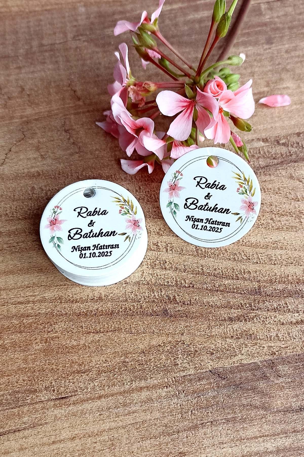 Pembe Çiçek Baskılı  Etiket / Nikah Şekeri Etiketi / Doğum Günü Etiket 100 Adet (3,8 CM)