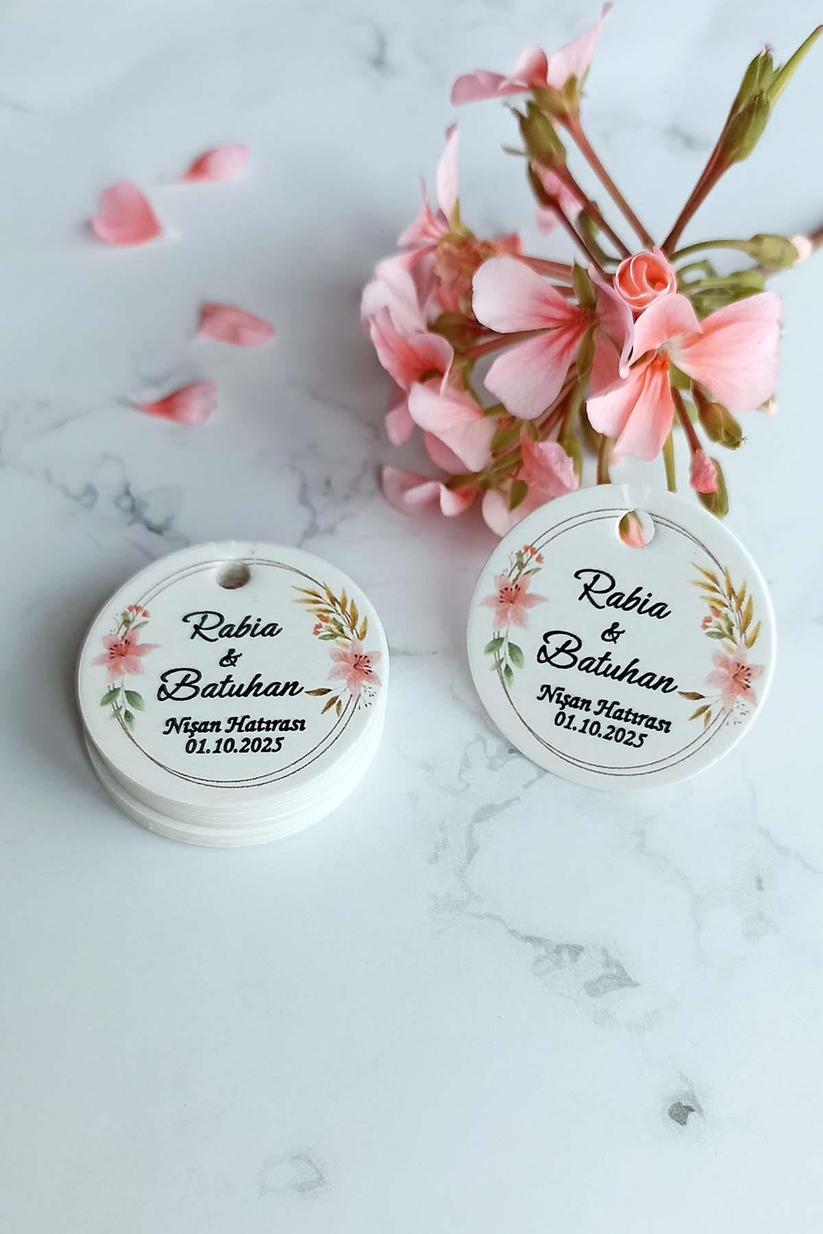 Pembe Çiçek Baskılı  Etiket / Nikah Şekeri Etiketi / Doğum Günü Etiket 100 Adet (3,8 CM)