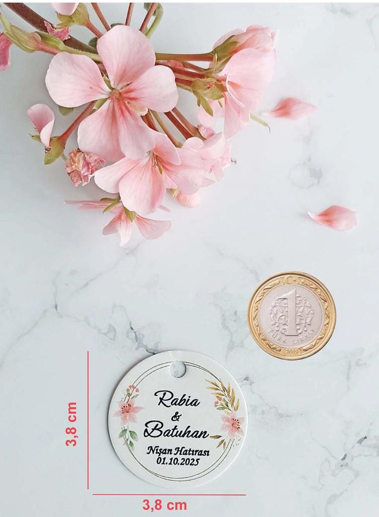 Pembe Çiçek Baskılı  Etiket / Nikah Şekeri Etiketi / Doğum Günü Etiket 100 Adet (3,8 CM)