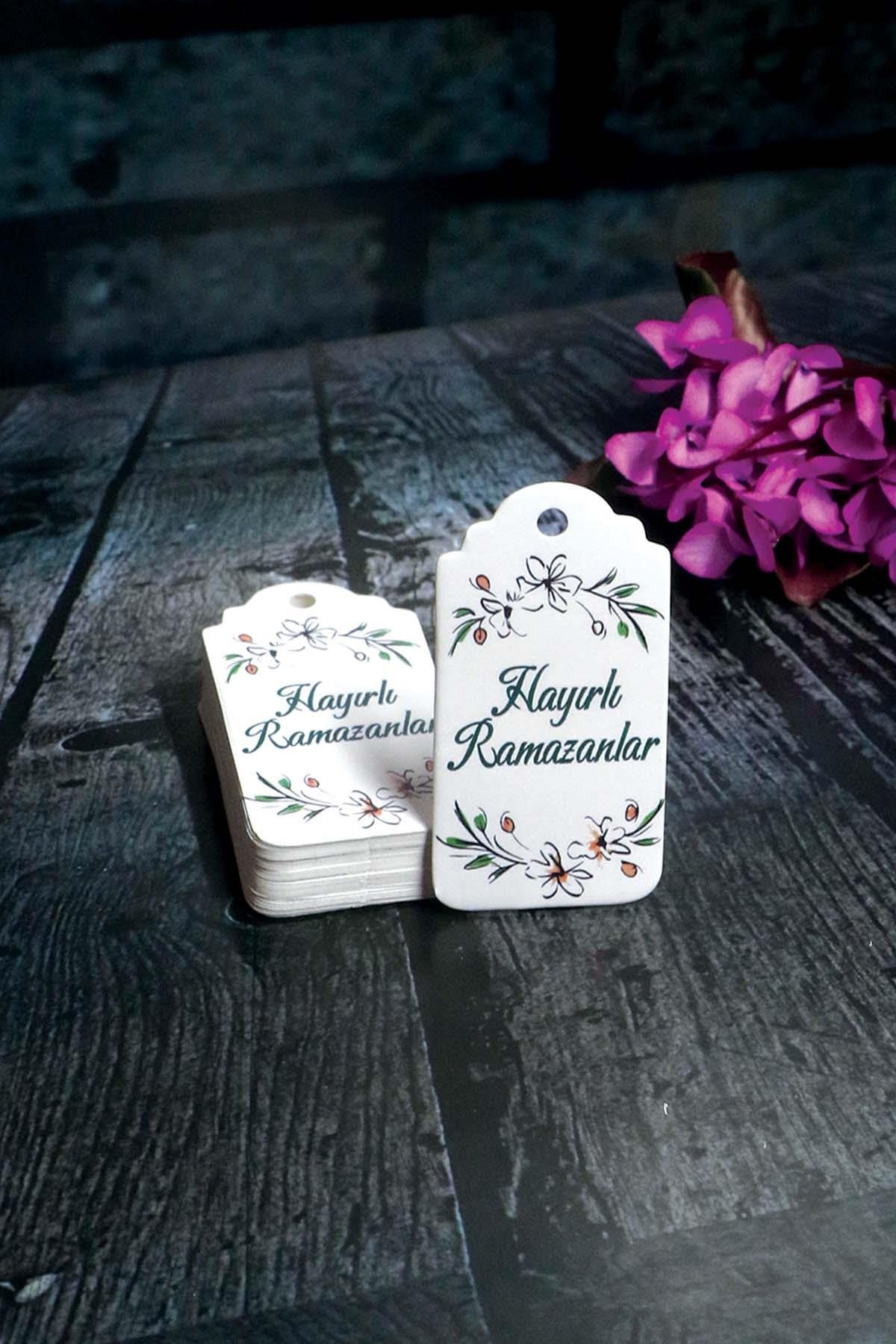 Ramazan etiketi - Hayırlı Ramazanlar baskılı - 50 adet Karton Bayram Etiketi (3.5 x 7 cm)