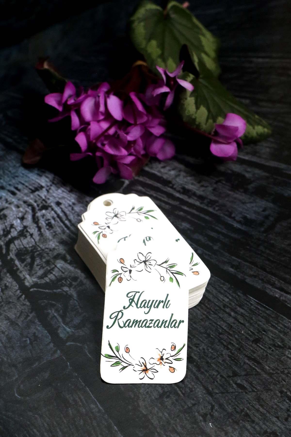 Ramazan etiketi - Hayırlı Ramazanlar baskılı - 50 adet Karton Bayram Etiketi (3.5 x 7 cm)