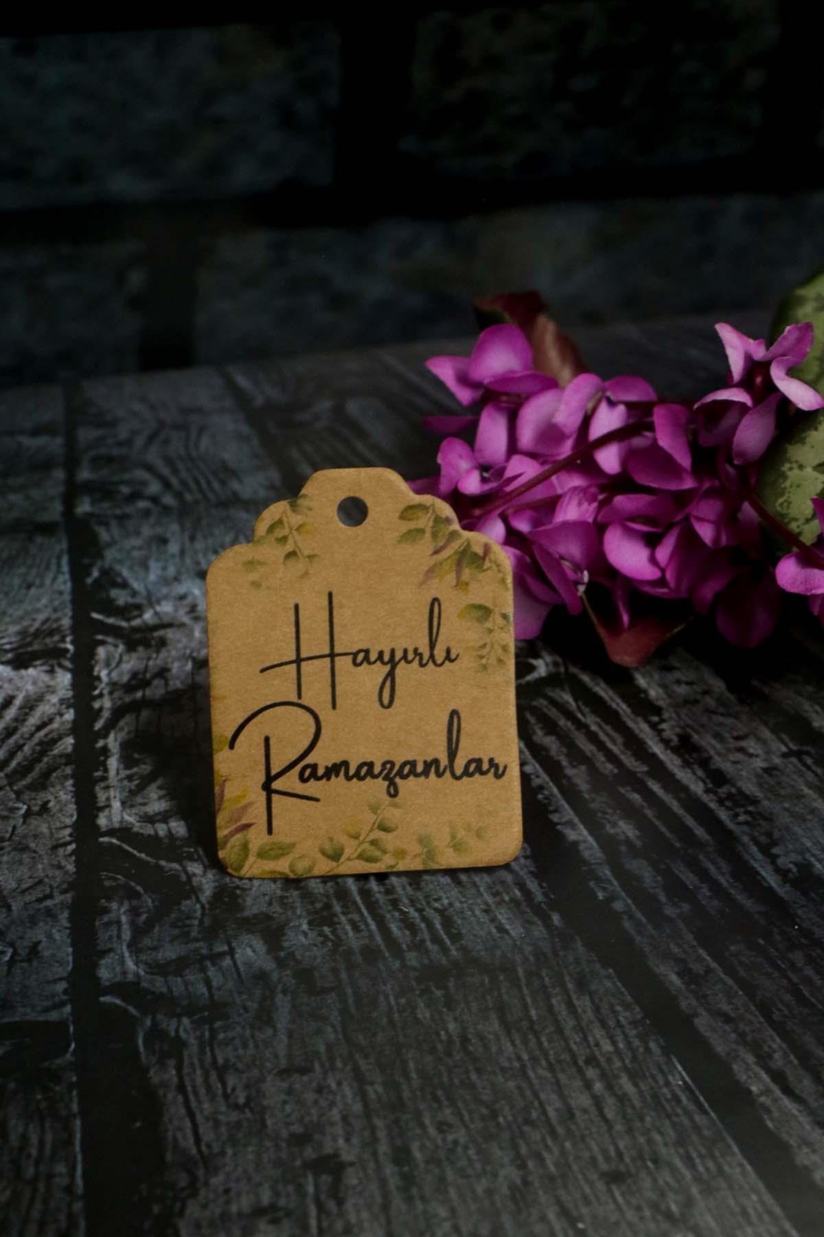 Ramazan etiketi -Hayırlı Ramazanlar baskılı -50 adet Yaprak baskılı Kraft Bayram Etiketi (4.5 x 6cm)