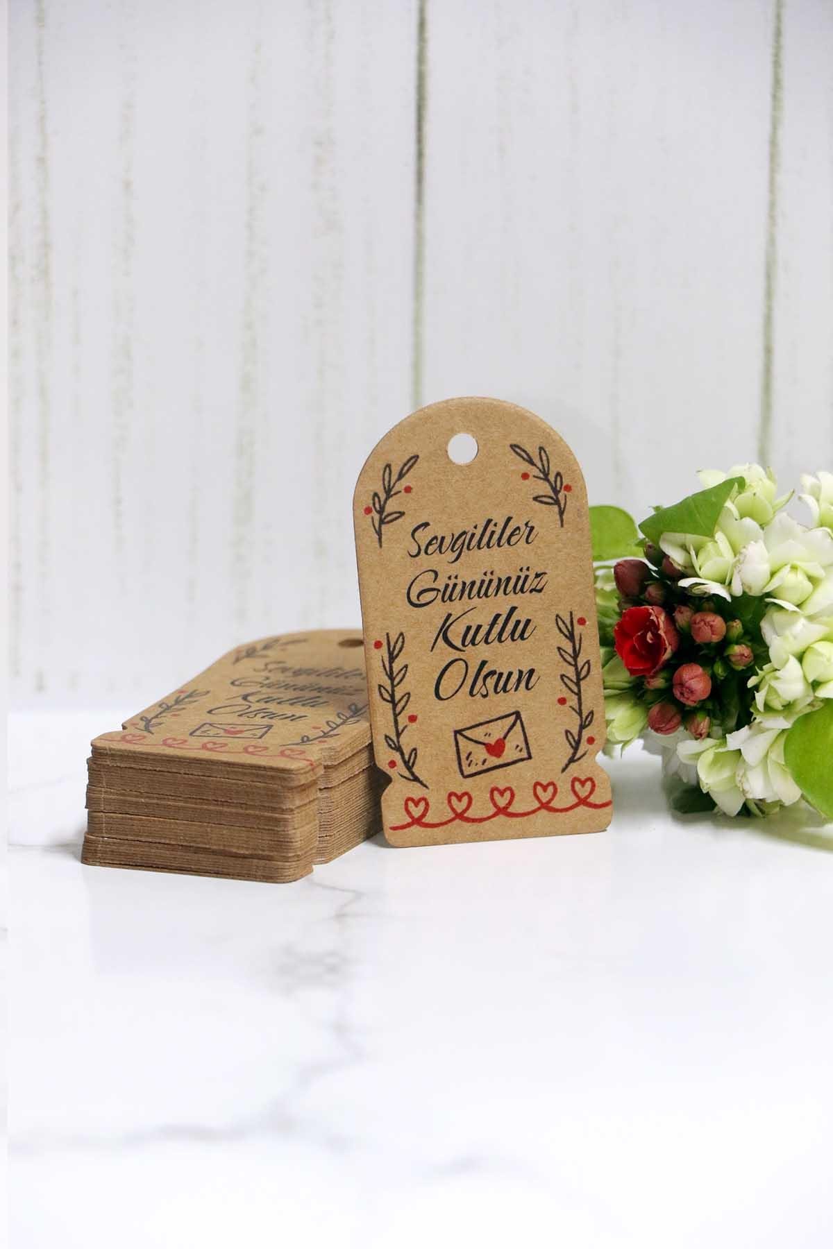 Sevgililer Gününüz Kutlu Olsun Etiketi 60 Adet kraft etiket (3,5 X 6,5 Cm )