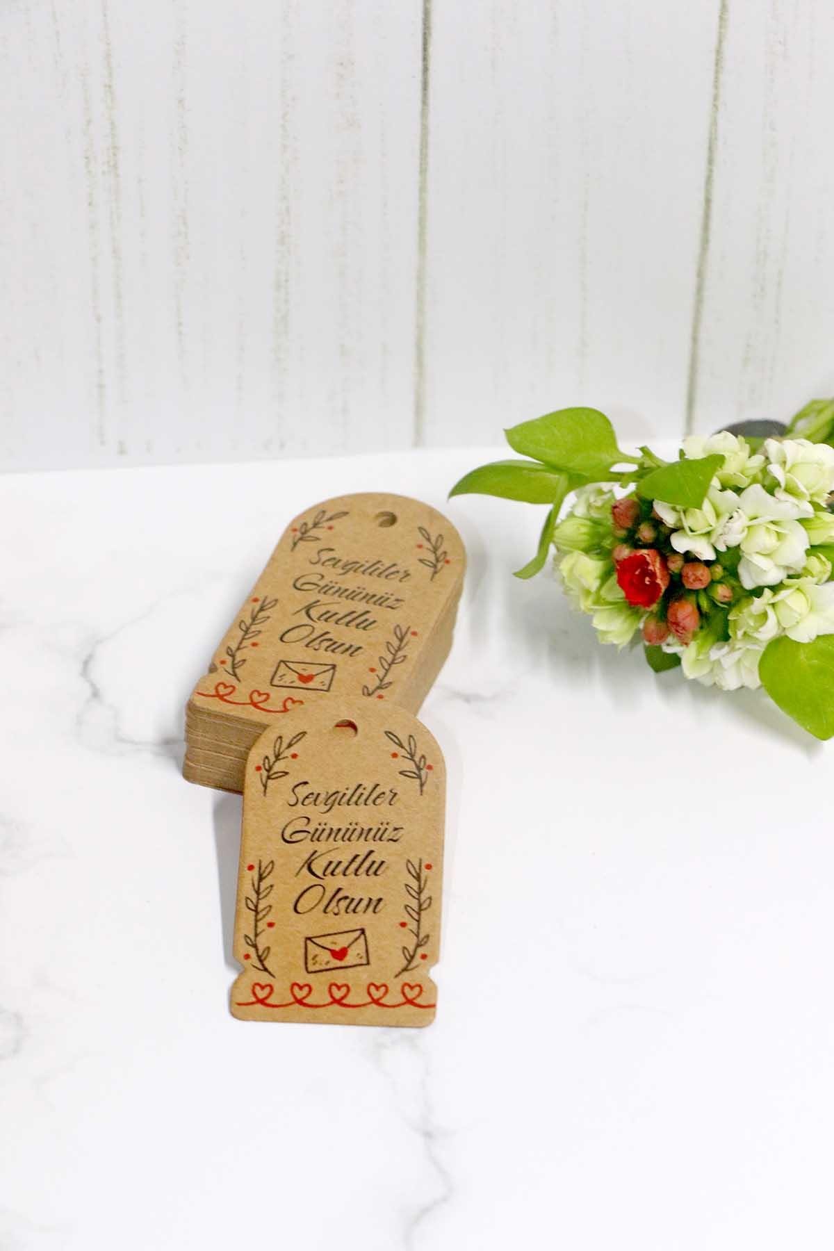 Sevgililer Gününüz Kutlu Olsun Etiketi 60 Adet kraft etiket (3,5 X 6,5 Cm )