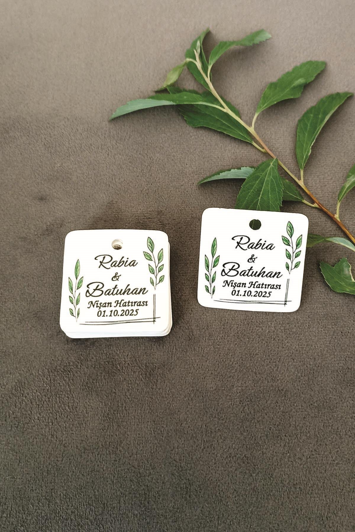 Yaprak Baskili etiket  / Nisan-Kina- Nikah Etiketi / 100 Adet  4 CM kare natural etiket