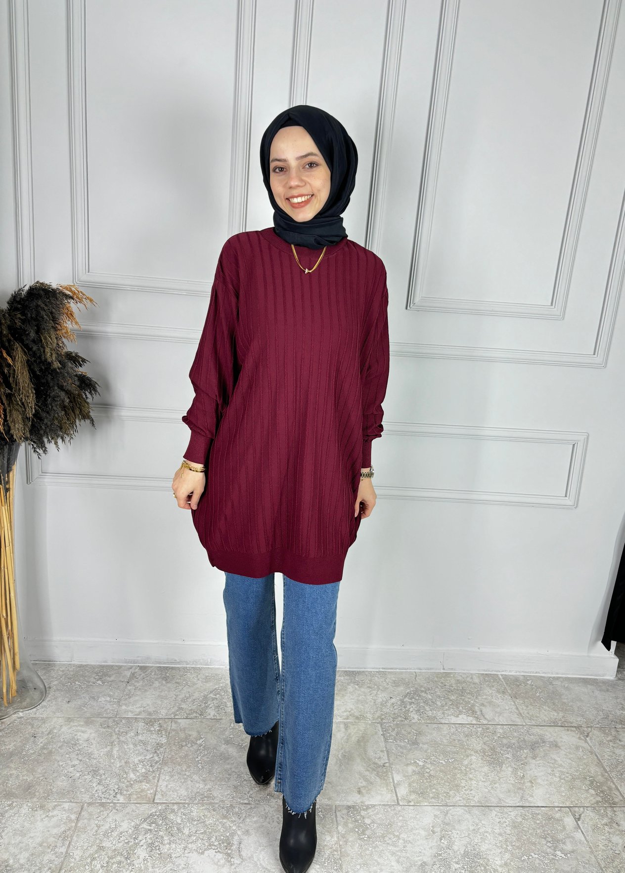 MERSERİZE ŞERİTLİ TUNİK BORDO