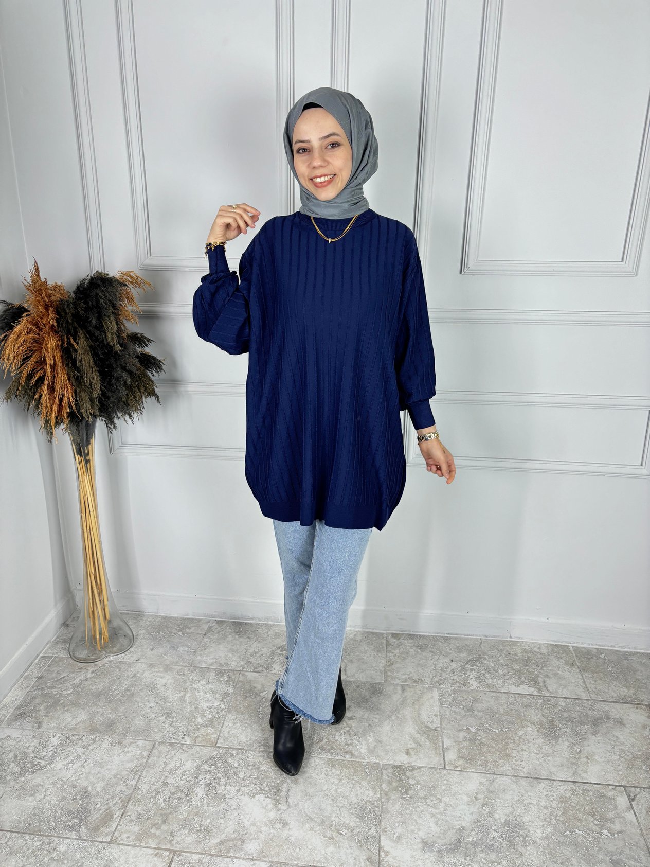 MERSERİZE ŞERİTLİ TUNİK LACİVERT