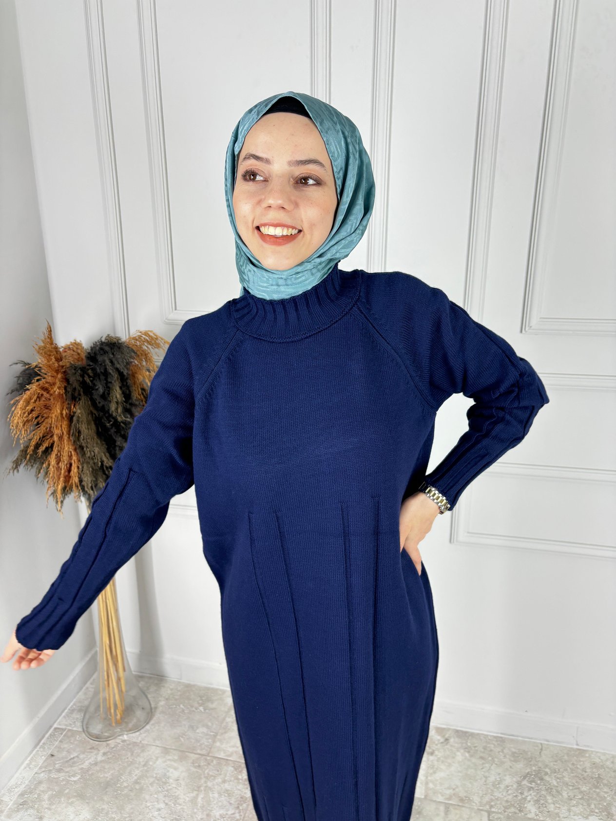 TRİKO FİTİL DETAYLI ELBİSE LACİVERT