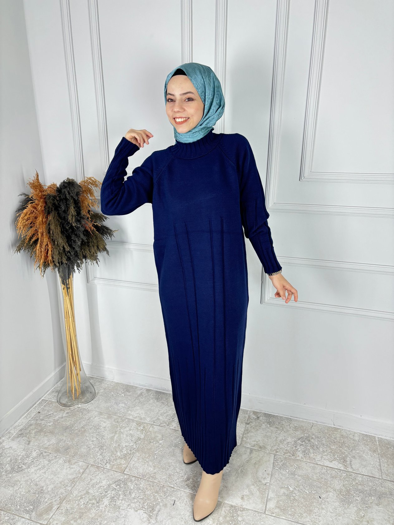 TRİKO FİTİL DETAYLI ELBİSE LACİVERT