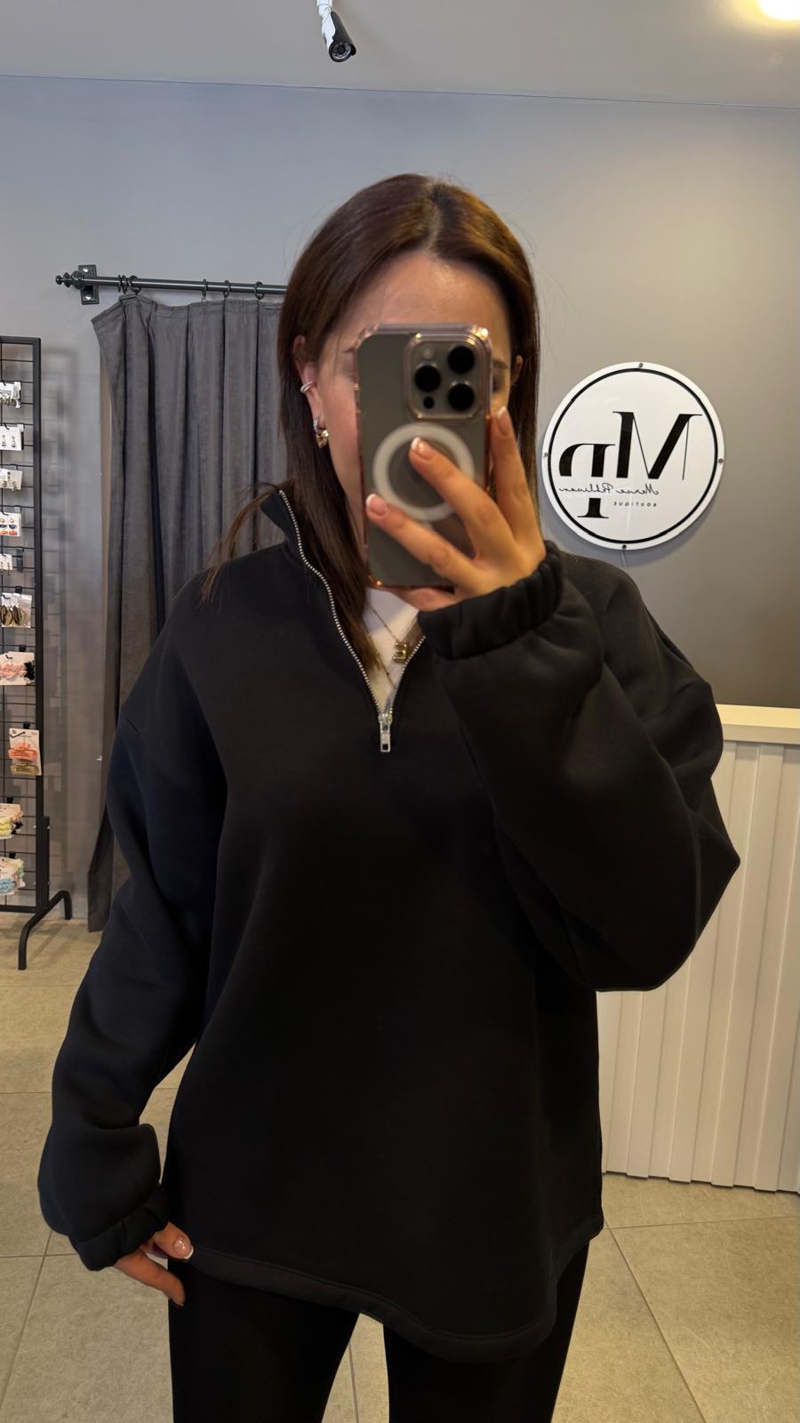 SİYAH FERMUARLI SWEATSHİRT