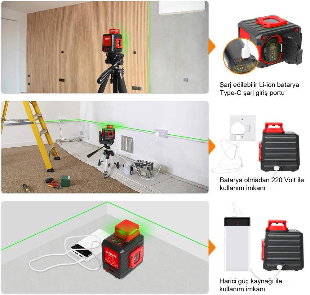 KOBB KBL33GTP 40M Profesyonel Li-ion Şarjlı 2x90⁰/360⁰ Otomatik Hizalamalı Yeşil Çapraz Çizgi Lazer Distomat+Tripod