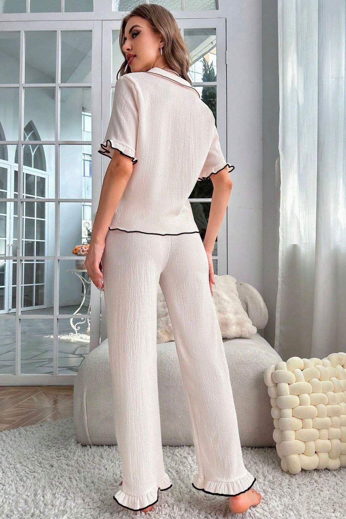 Bella Notte Açık Bej Fırfır Detaylı Gömlek Yaka Pijama Takımı 7167