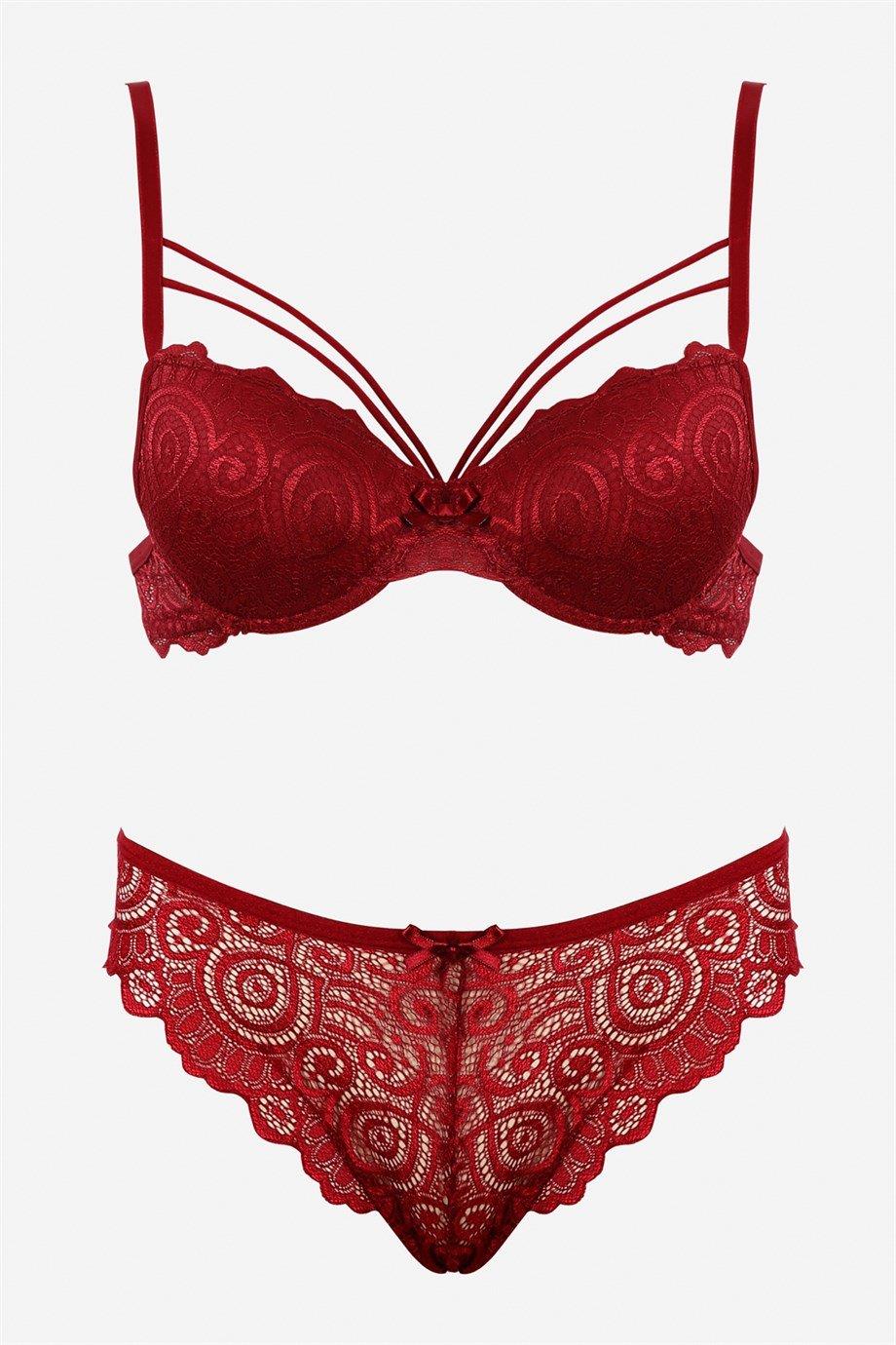 Bella Notte Bordo Dantelli Çift İp Detaylı Şık Sütyen Takım 19001