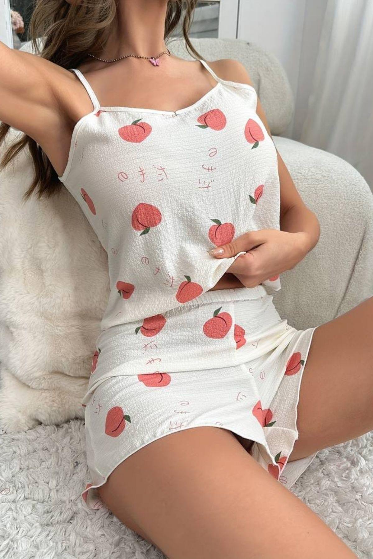 Bella Notte Ekru Şeftali Desenli Şort Takım 7527