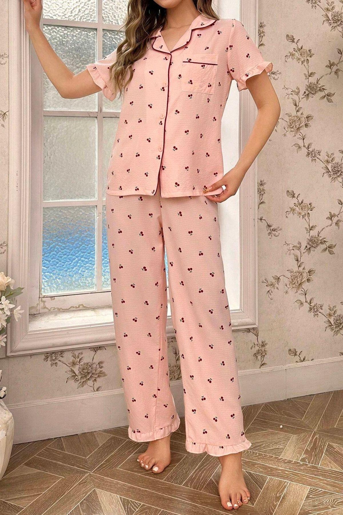 Bella Notte Kiraz Desenli Düğmeli Bebe Yaka Pijama Takımı 7035