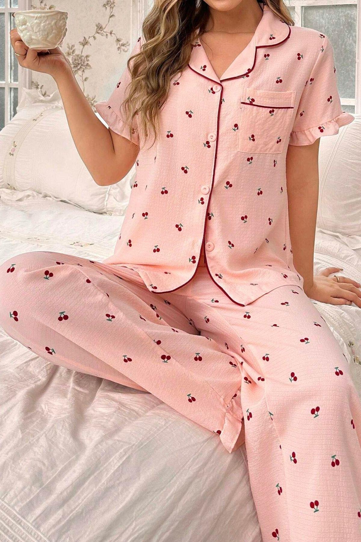 Bella Notte Kiraz Desenli Düğmeli Bebe Yaka Pijama Takımı 7035