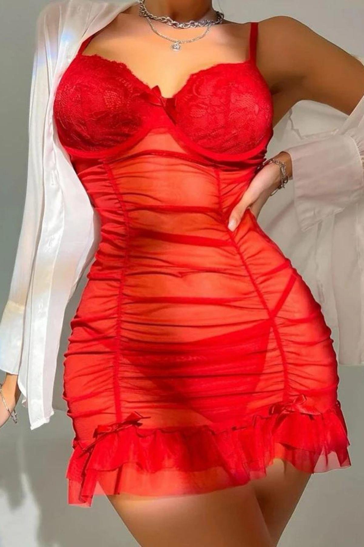 Bella Notte Kırmızı Likralı Transparan Tül Gecelik 15556