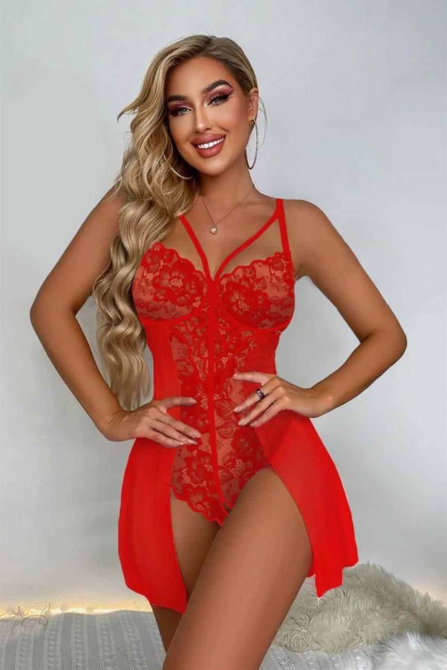 Bella Notte Kırmızı Özel Bölgesi Açık Babydoll Gecelik 15034