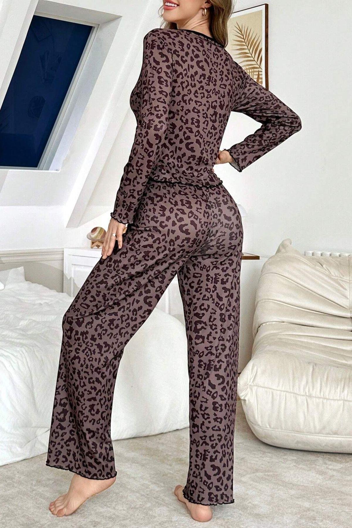 Bella Notte Leopar Bisiklet Yaka Ev İçi Pijama Takımı 7129