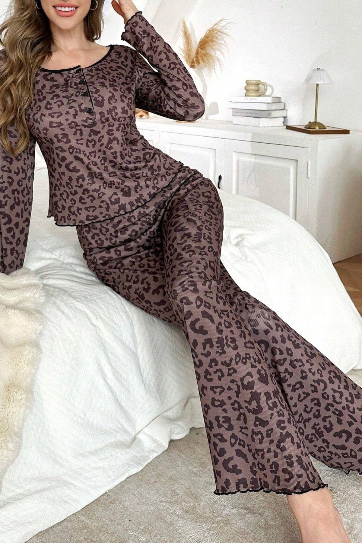 Bella Notte Leopar Bisiklet Yaka Ev İçi Pijama Takımı 7129