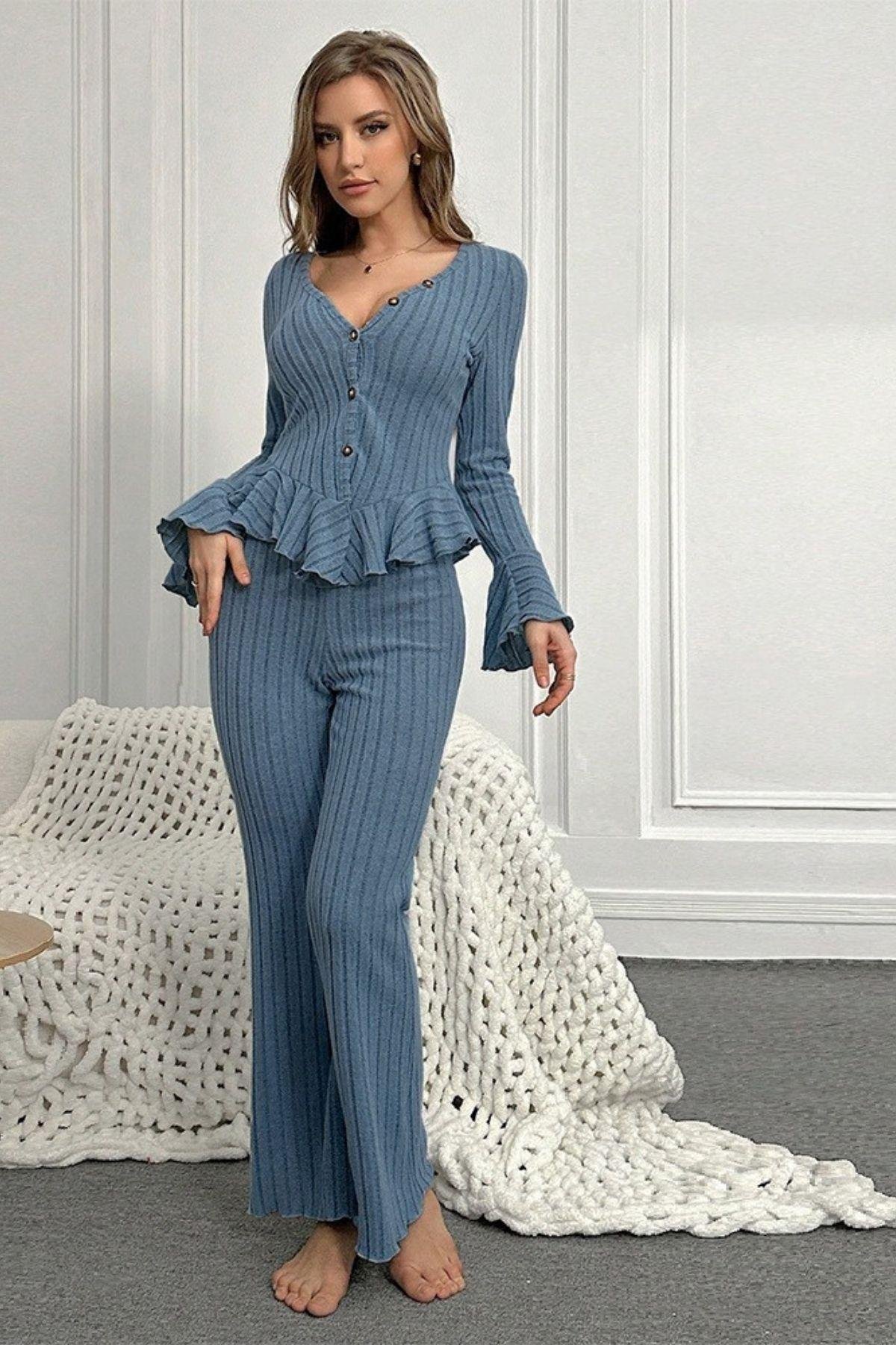 Bella Notte Mavi Düğmeli Uzun Pijama Takım 7113