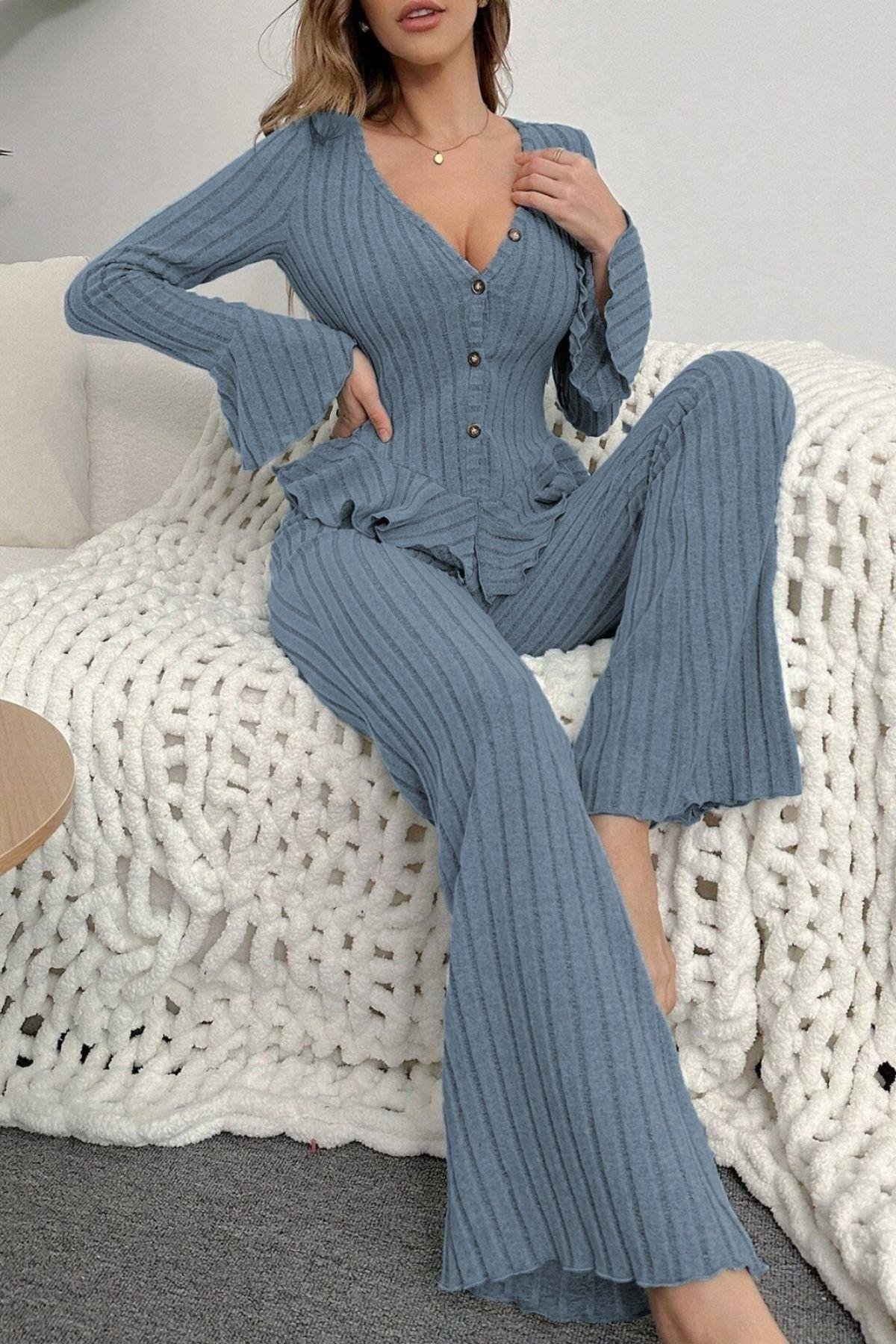 Bella Notte Mavi Düğmeli Uzun Pijama Takım 7113