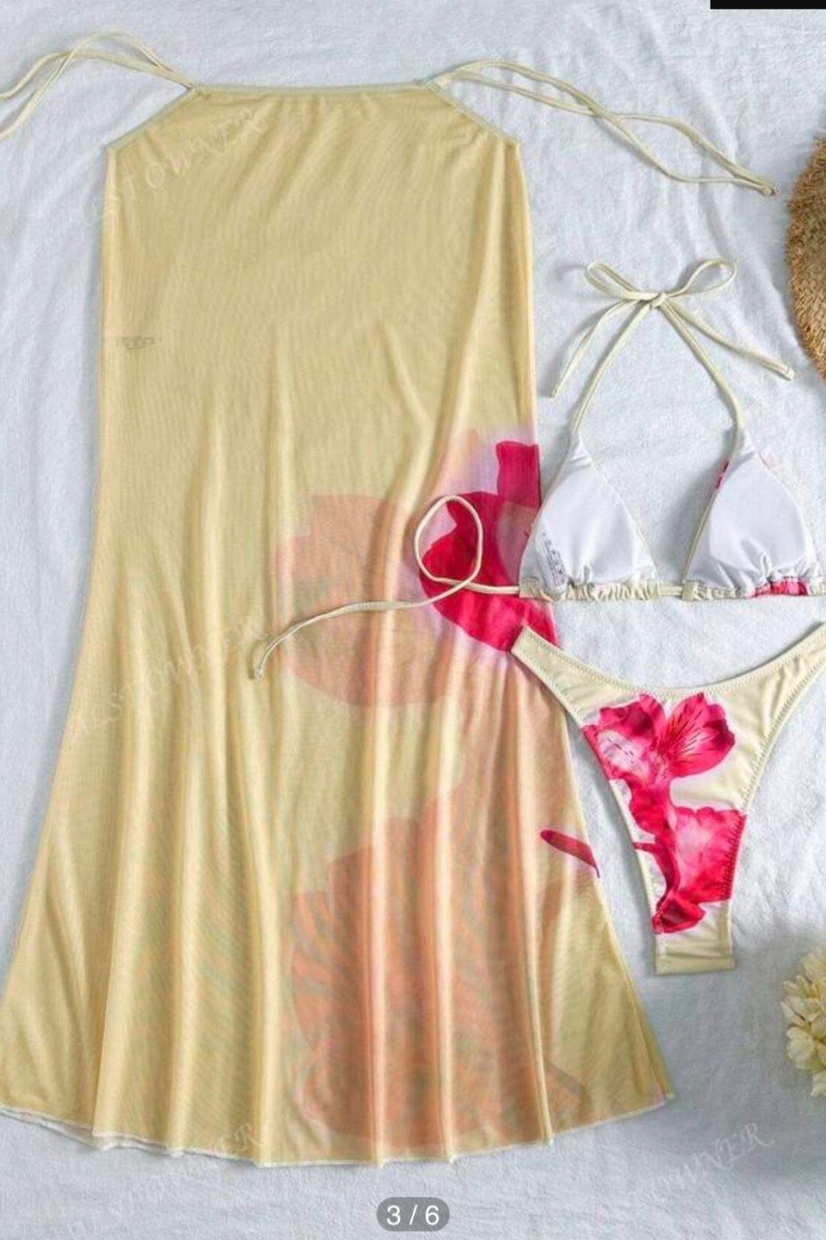 Bella Notte Sarı Çiçek Detaylı Pareolu 3 Parça Bikini Takımı M-9021