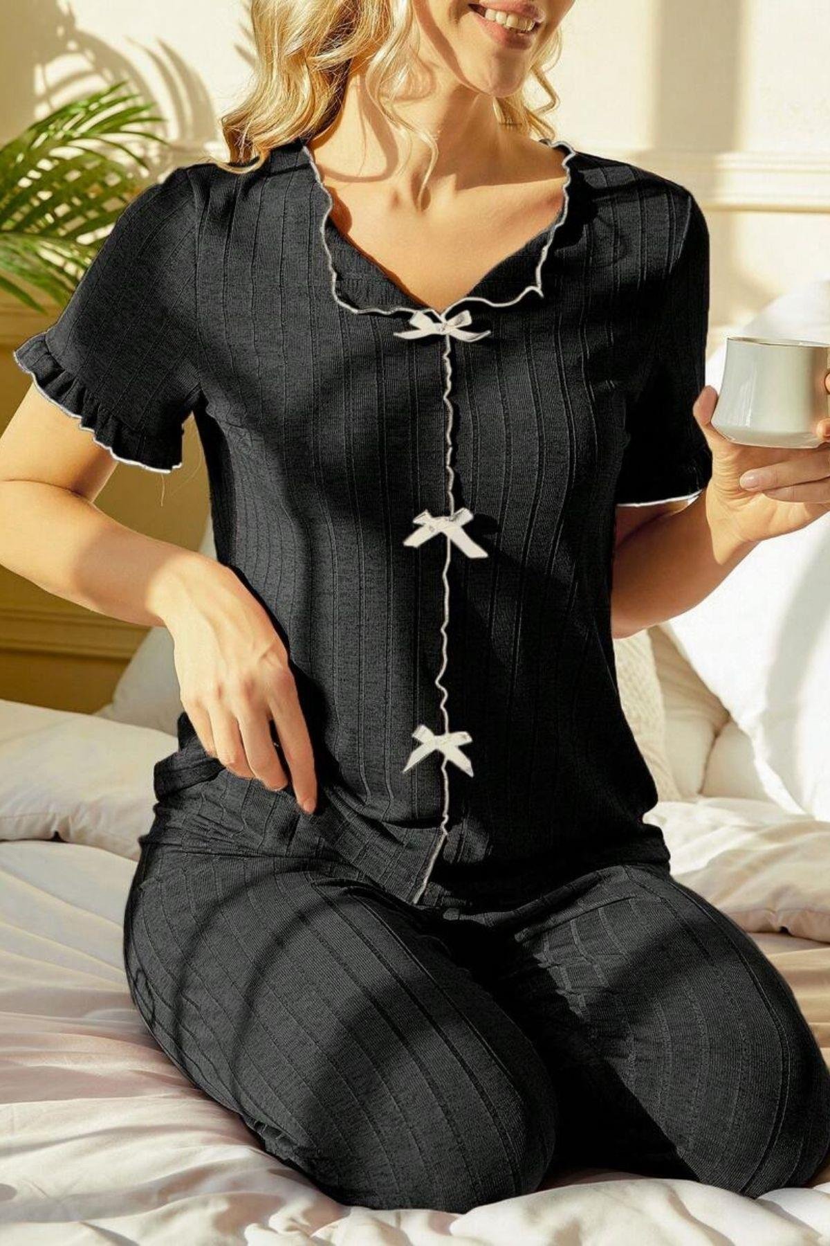 Bella Notte Siyah Kısa Kollu Pamuklu Pijama Takımı 7337