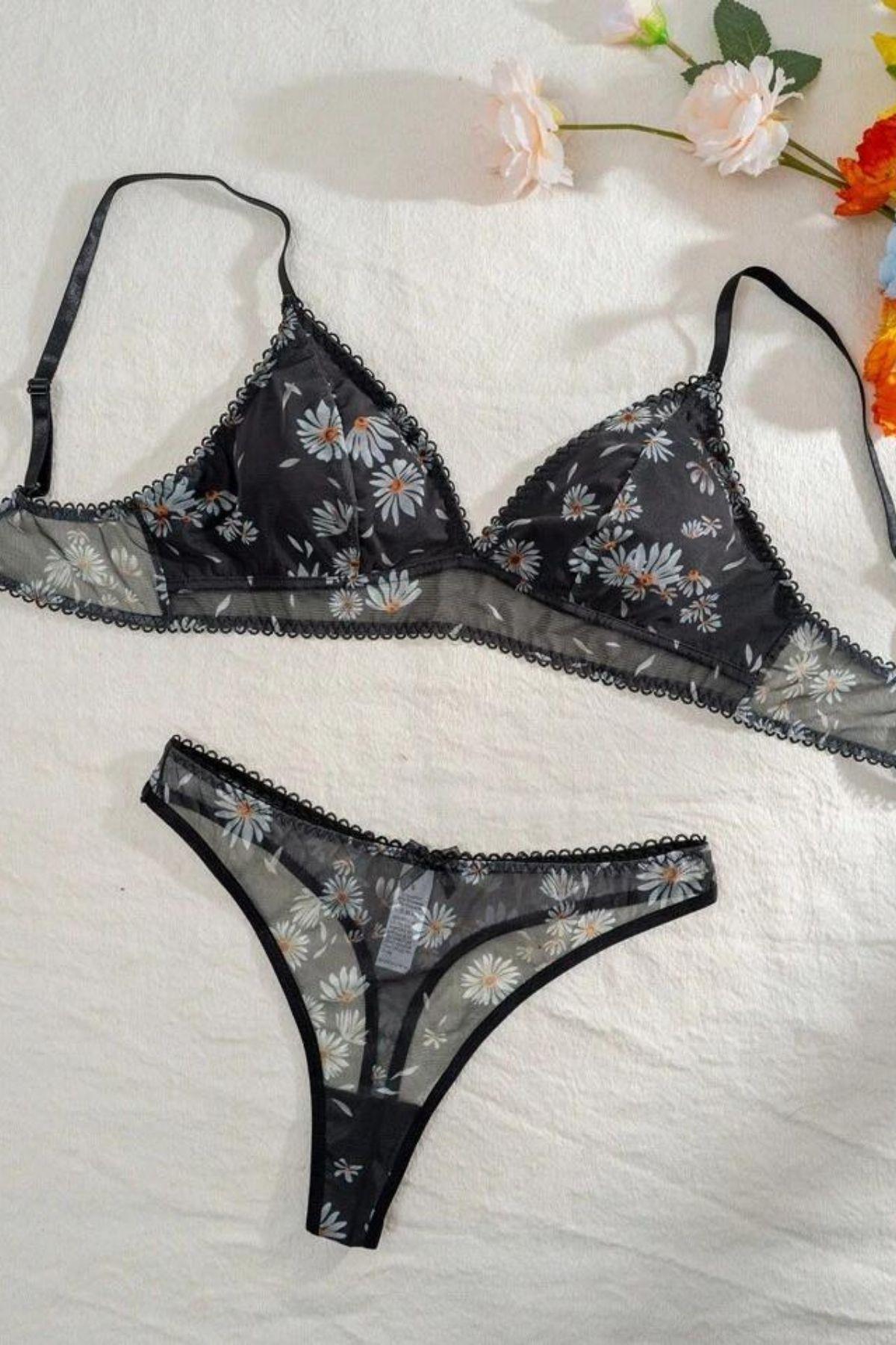 Bella Notte Siyah Papatya Baskılı Sütyen Külot Takım 16083