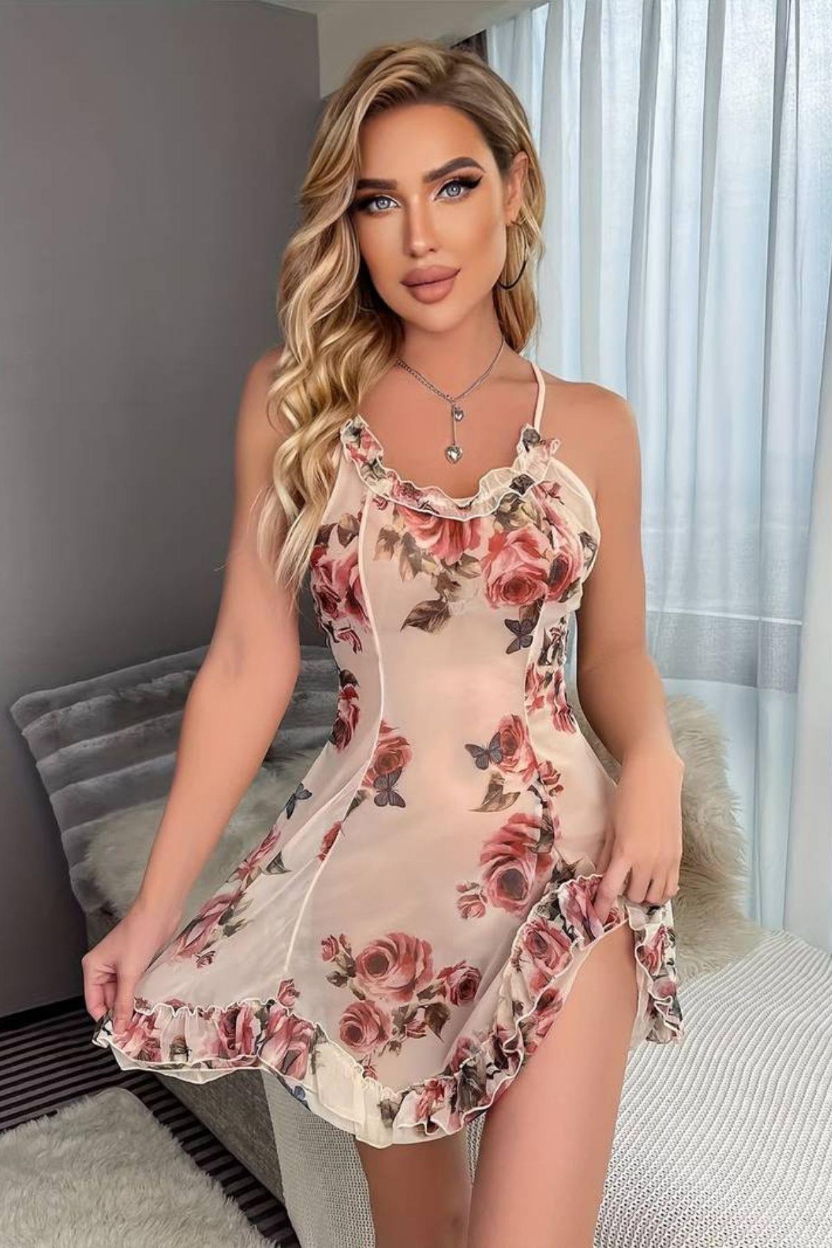 Bella Notte Somon Çiçek Baskılı Mini Gecelik 15704